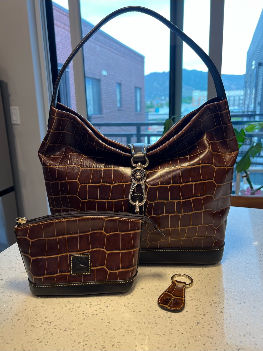Dooney & Bourke Brown Croc-Embossed Shoulder Tote with Pouch and Key Fob
